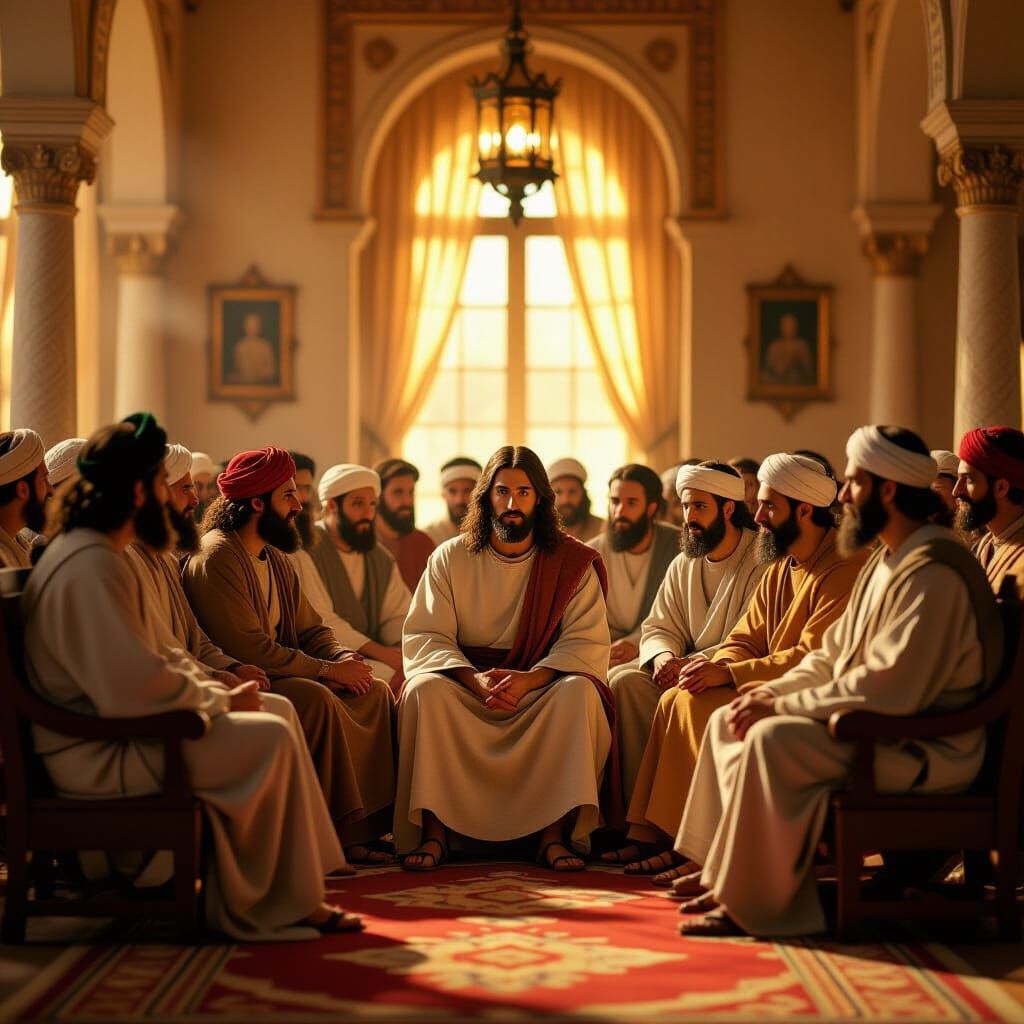 Jesus Debates Pharisees in Ornate Room, Cinematic Style