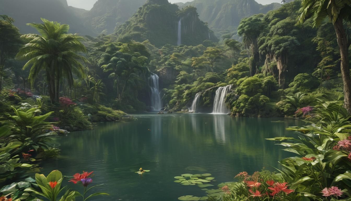 Lush Tropical Landscape with Green Mountains and Lake