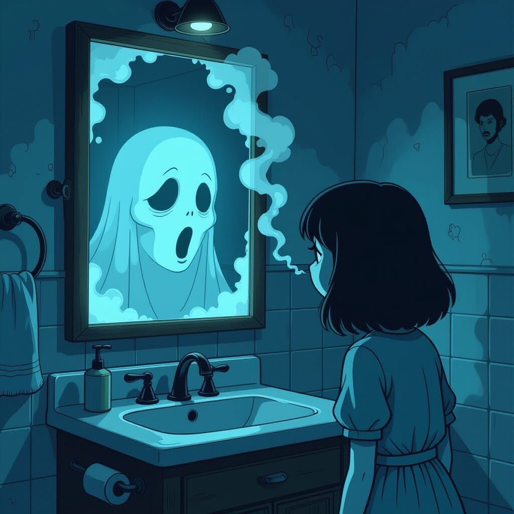 Eerie Cartoon Bathroom Mirror Whispers