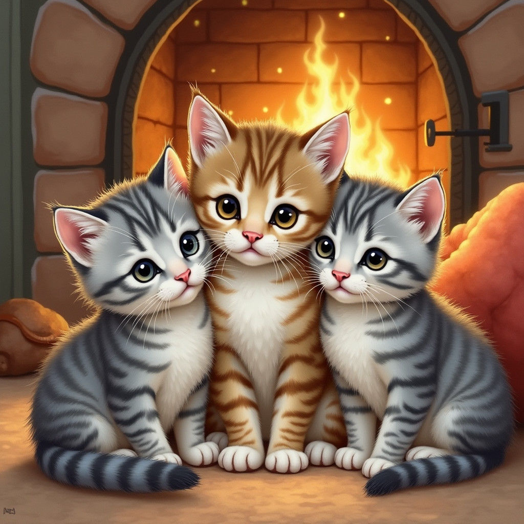 Kittens Snuggling by Fire in Watercolor Style