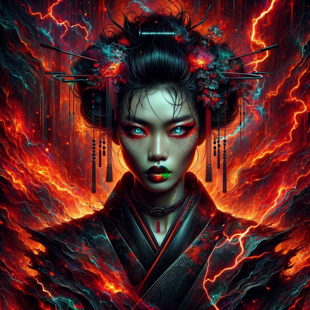 Gothic Geisha in Dark Fantasy Stained Glass