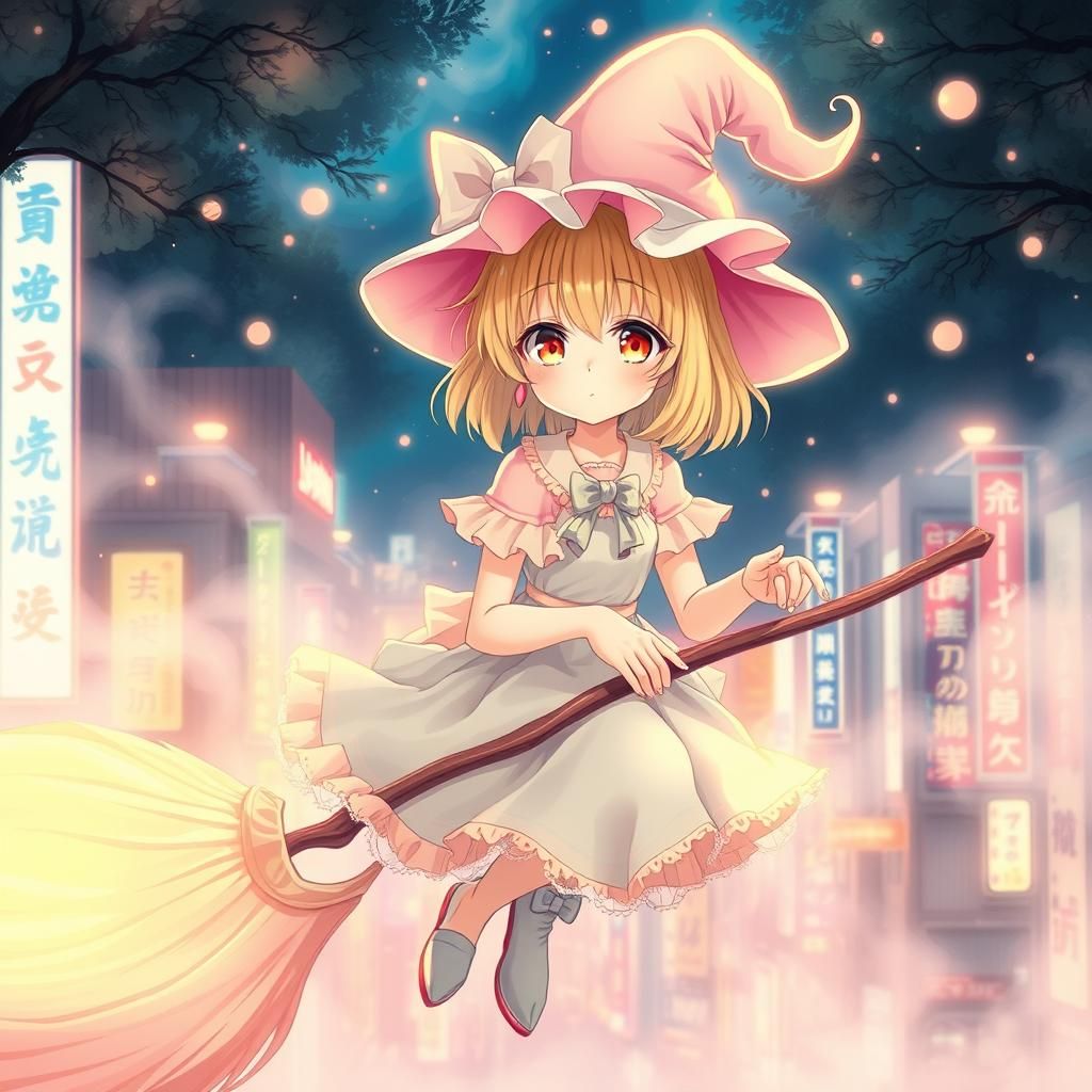 Pastel Witch Soaring Above Shibuya in Anime Style