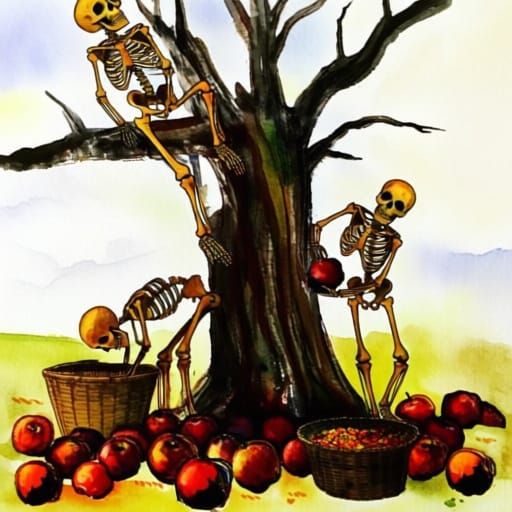 Skeletons Harvest Rotting Apples in Autumn Watercolor