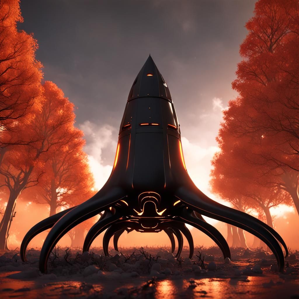 Gothic Tesla Spaceship Burning Christmas Tree: 3D Render