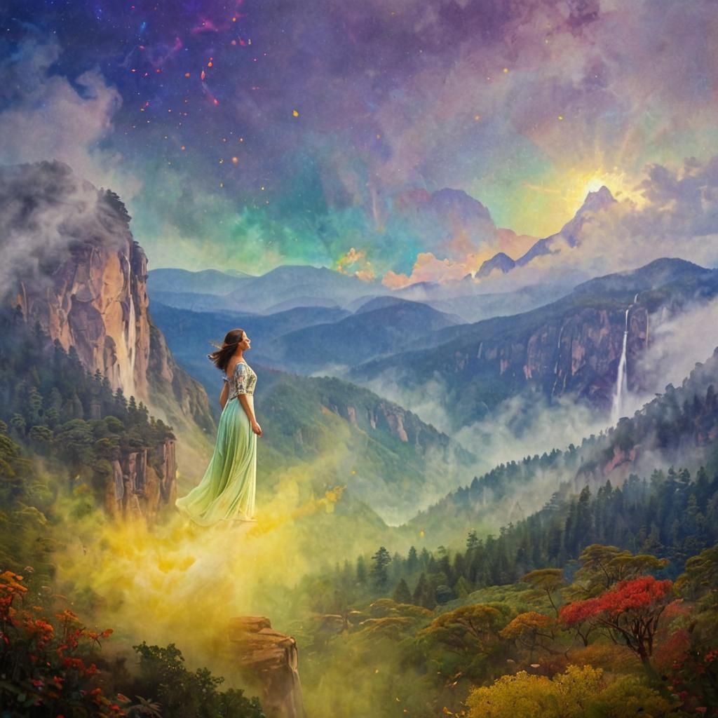 Radiant Woman in Mountain Landscape, Klimt-Inspired