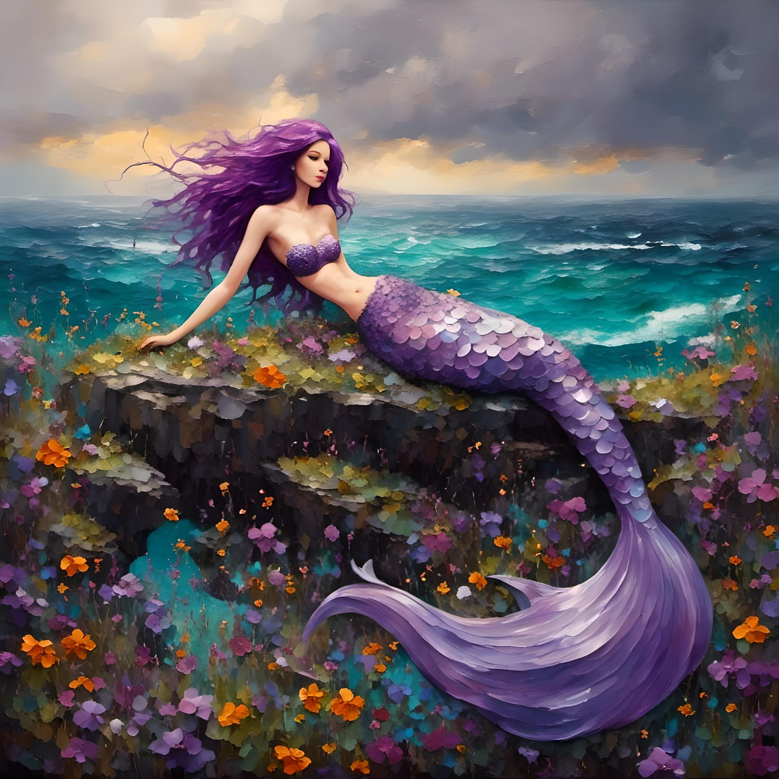 Mermaid on Wildflower Ledge in Stormy Sea