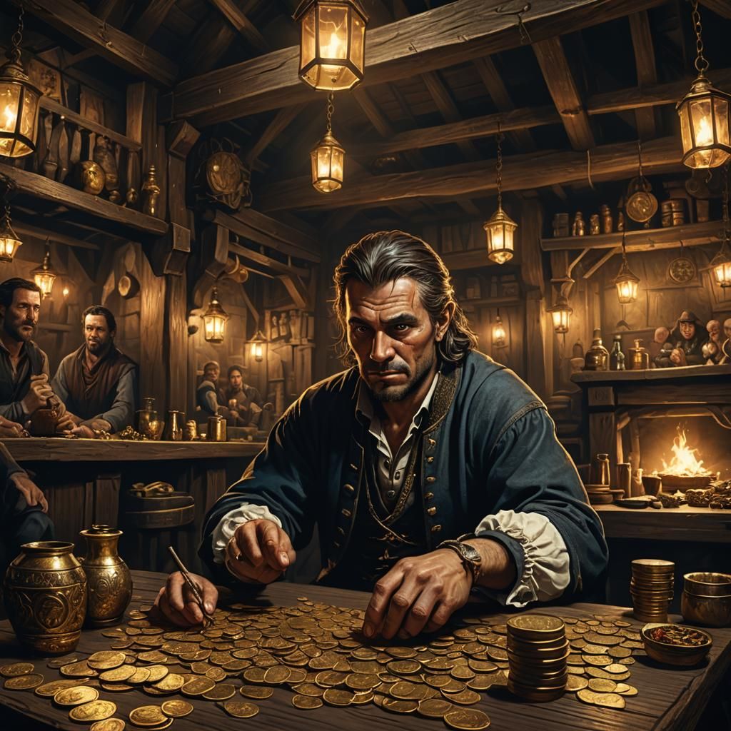 Greedy Gambler in Dim Tavern: Fantasy Concept Art