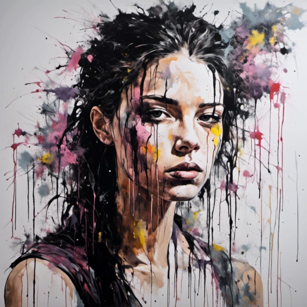 Abstract Neo-Expressionist Portrait with Oil and Graffiti