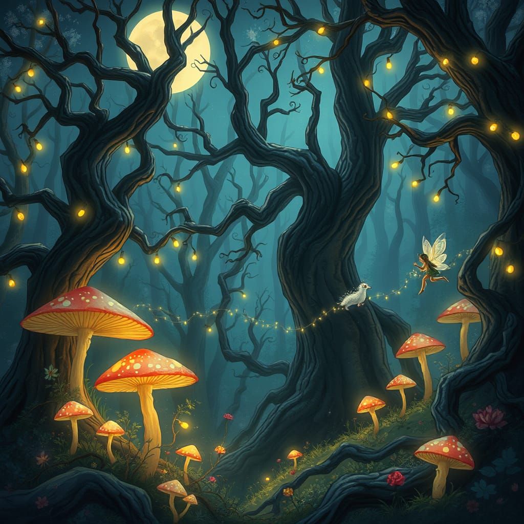 Enchanted Forest Under Whimsical Moonlight