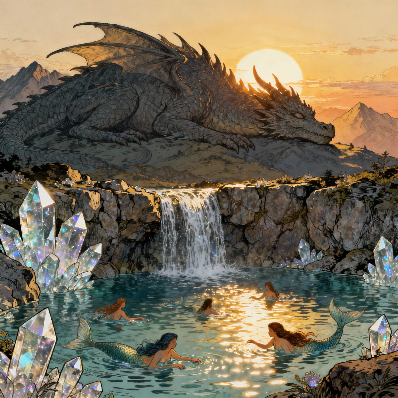 Dragon Mountain Range Meets Merfolk Lake at Sunset