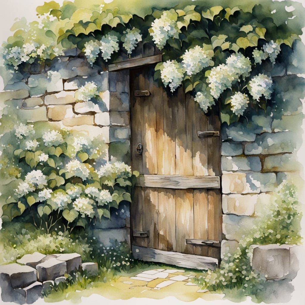 Hydrangea Climbs Oak Door: Watercolour Painting