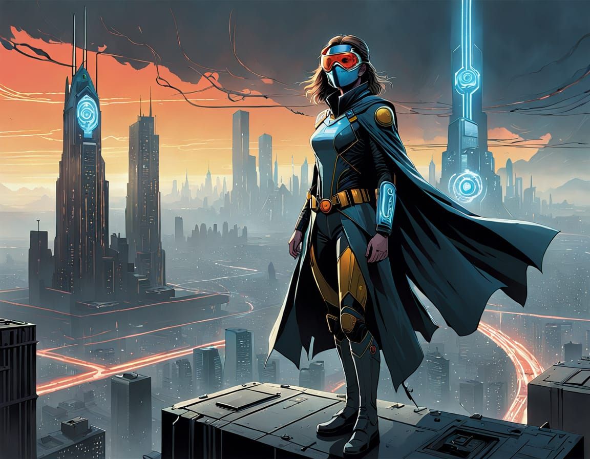 Cyberpunk Quantum Heroine Soars Above the City