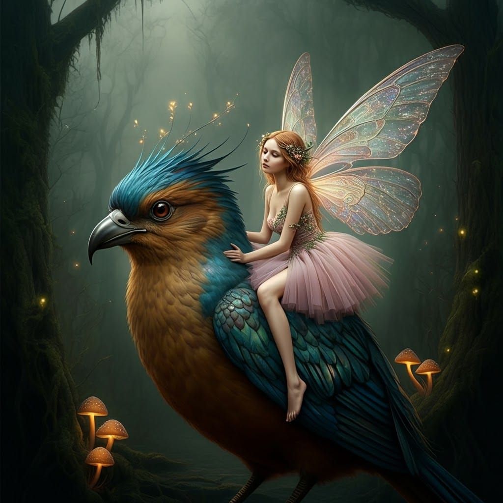 Ethereal Fairy on Bird in Mystical Landscape