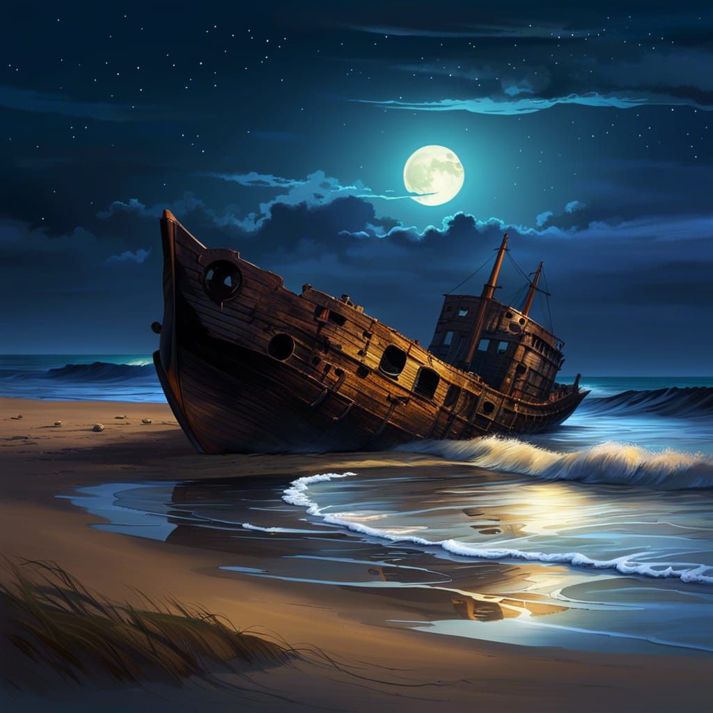 Shipwreck Washed Ashore at Night: Digital Painting