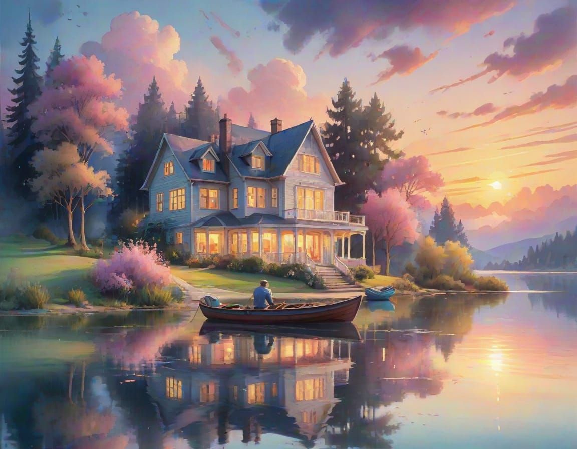 Surreal Lakeside Estate Unfolds at Sunset in Dreamy Watercol...