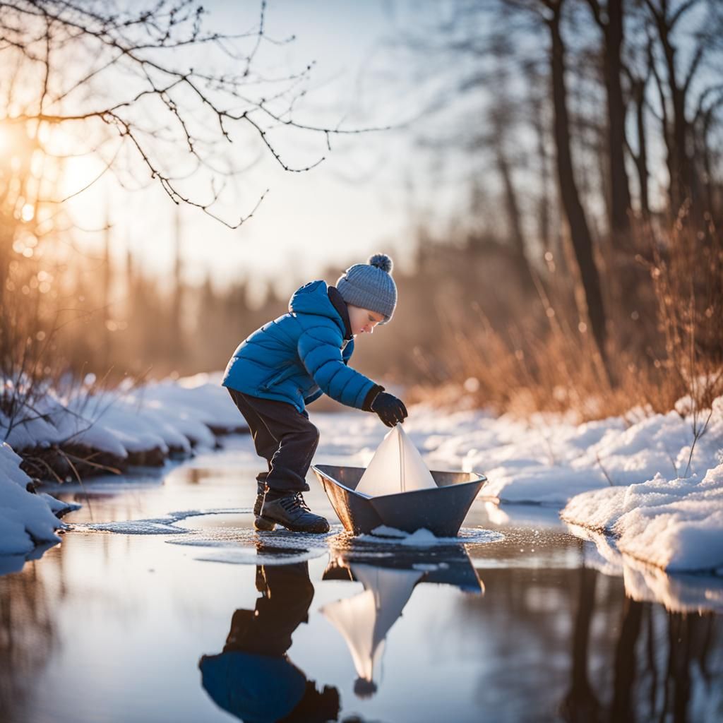 Boy Launches Paper Boat: Natural Light Photography