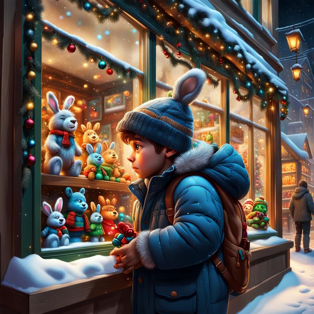 Boy Gazing at Christmas Toys in Shop Window