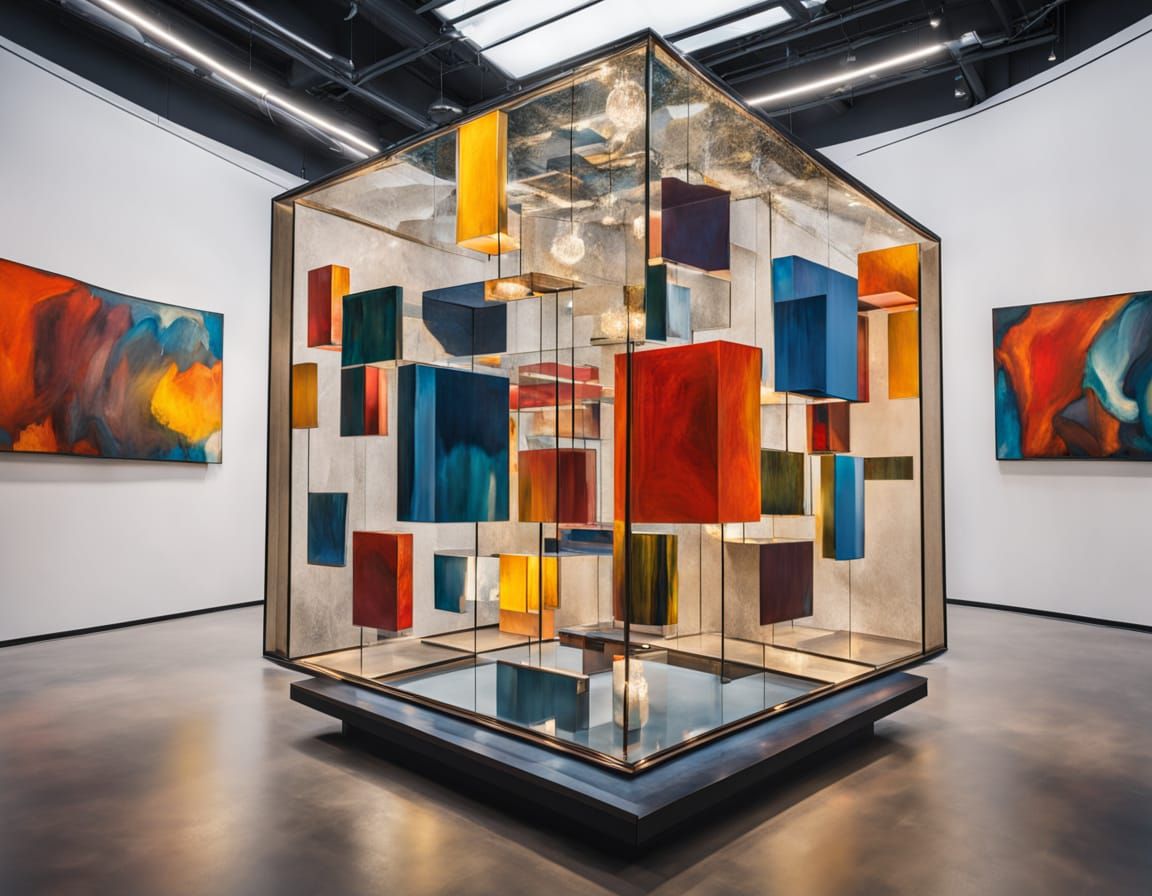 Modern Art Museum Exhibition with Glass Cube Sculpture