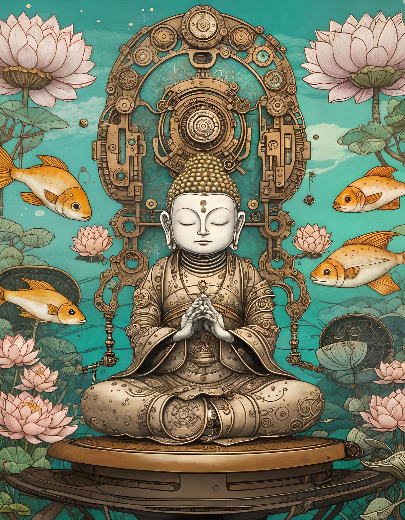 Steampunk Buddha Robot in Surreal Pastel Dreamscape