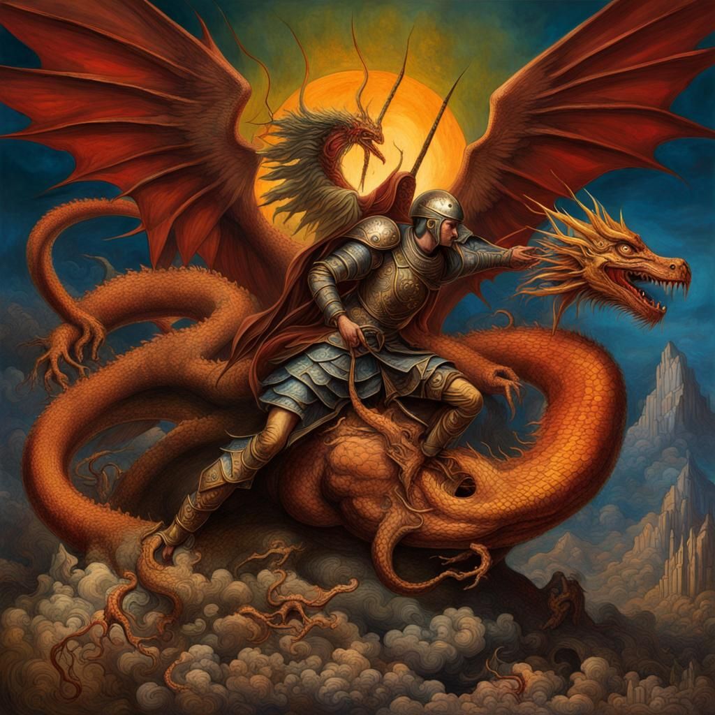 archangel Michael killing the dragon/ trailblazers,professional photography deep colour,warm colours,surrealistic,dramat...