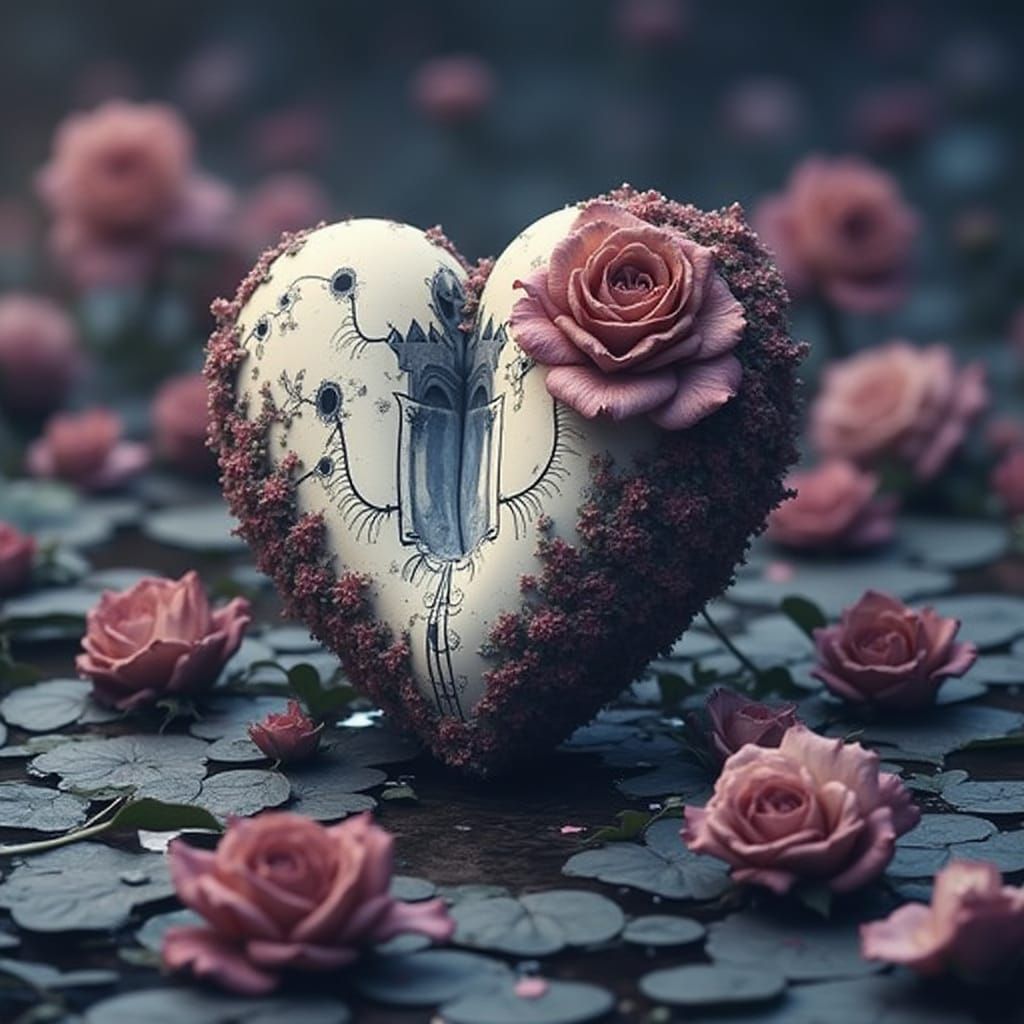 Gothic Castle with Roses in Sunset Hues