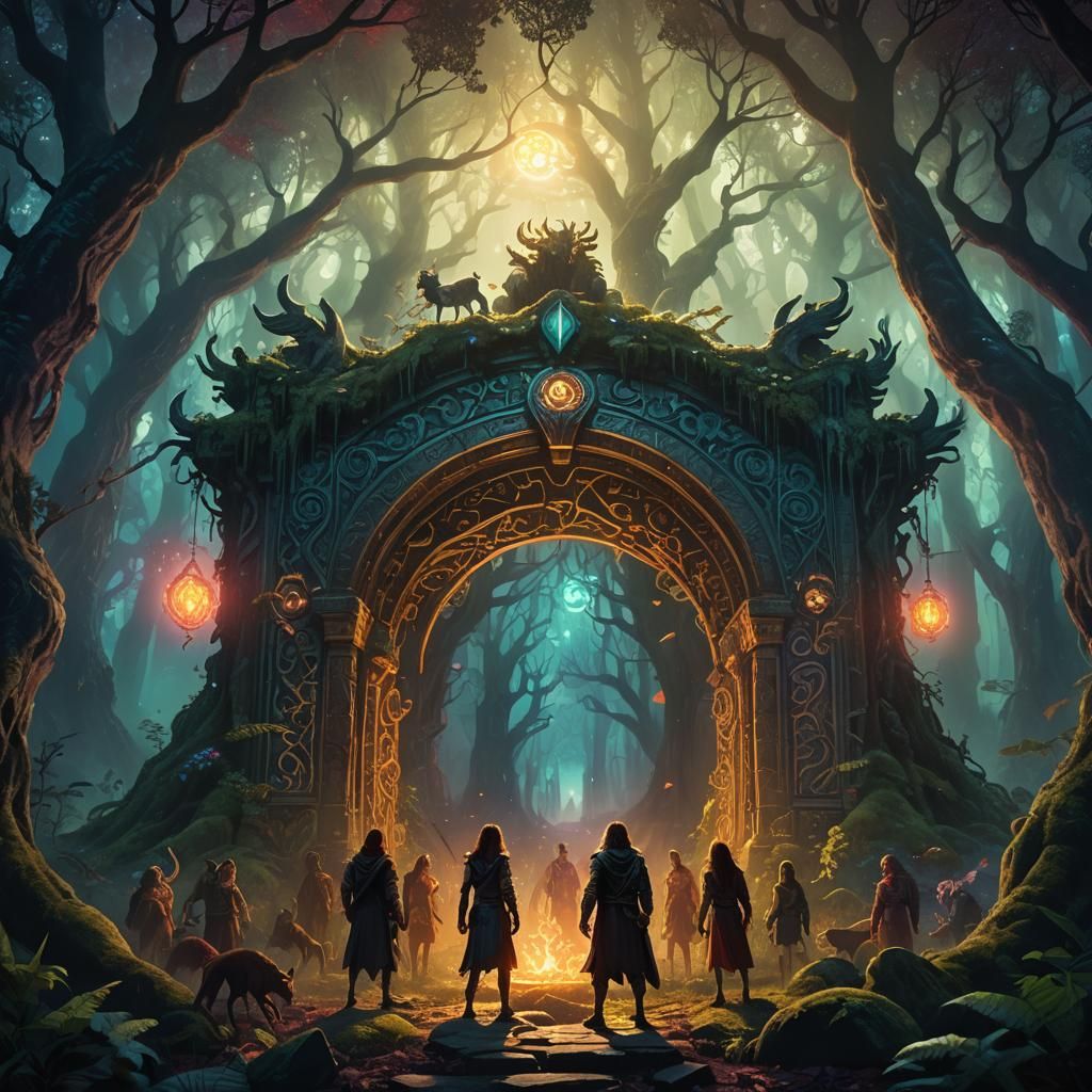 Mythological Creatures Gather at Ancient Portal, Fantasy Art