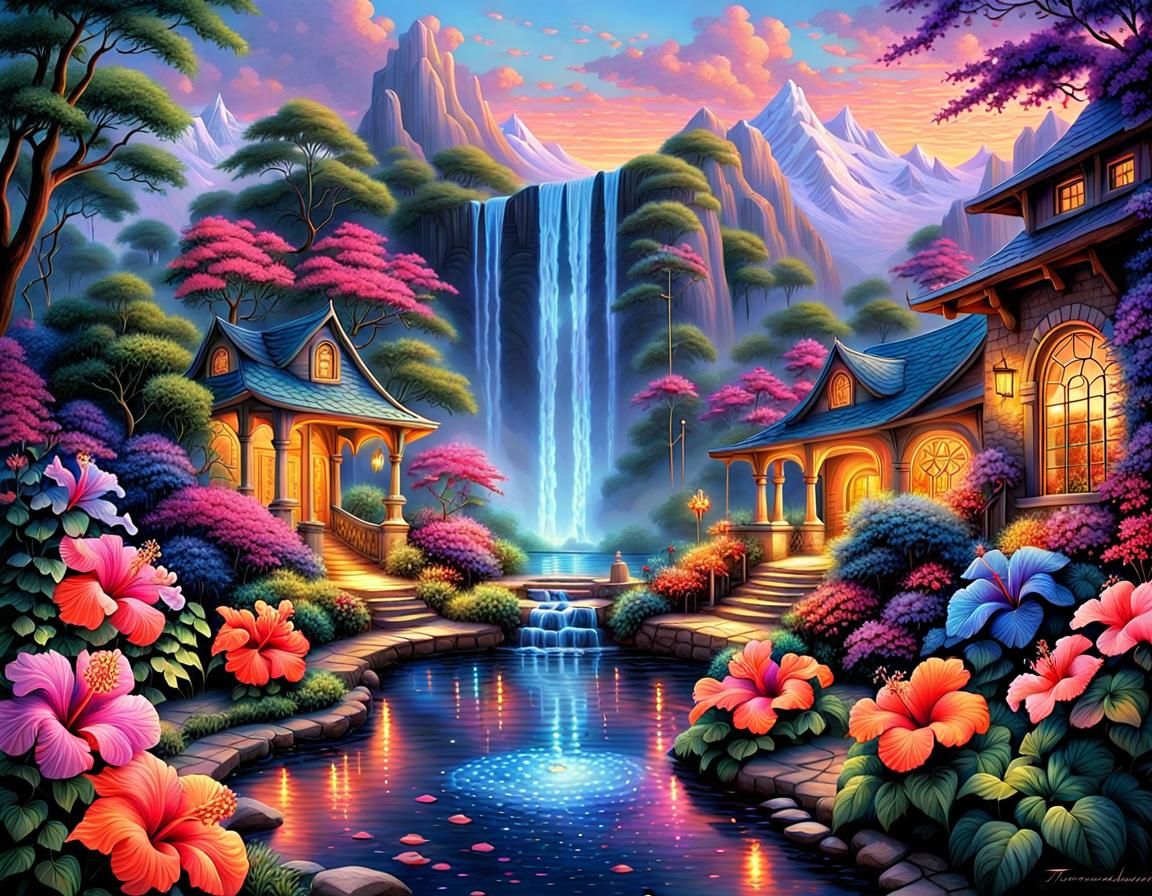 Colorful Xanadu Waterfall in Bioluminescent Style