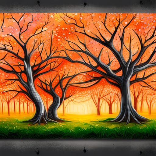 Graffiti Art of Orange Trees on a Spring Day