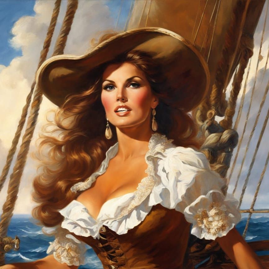 Beautiful Pirate Woman on Sailing Ship, Oil Painting