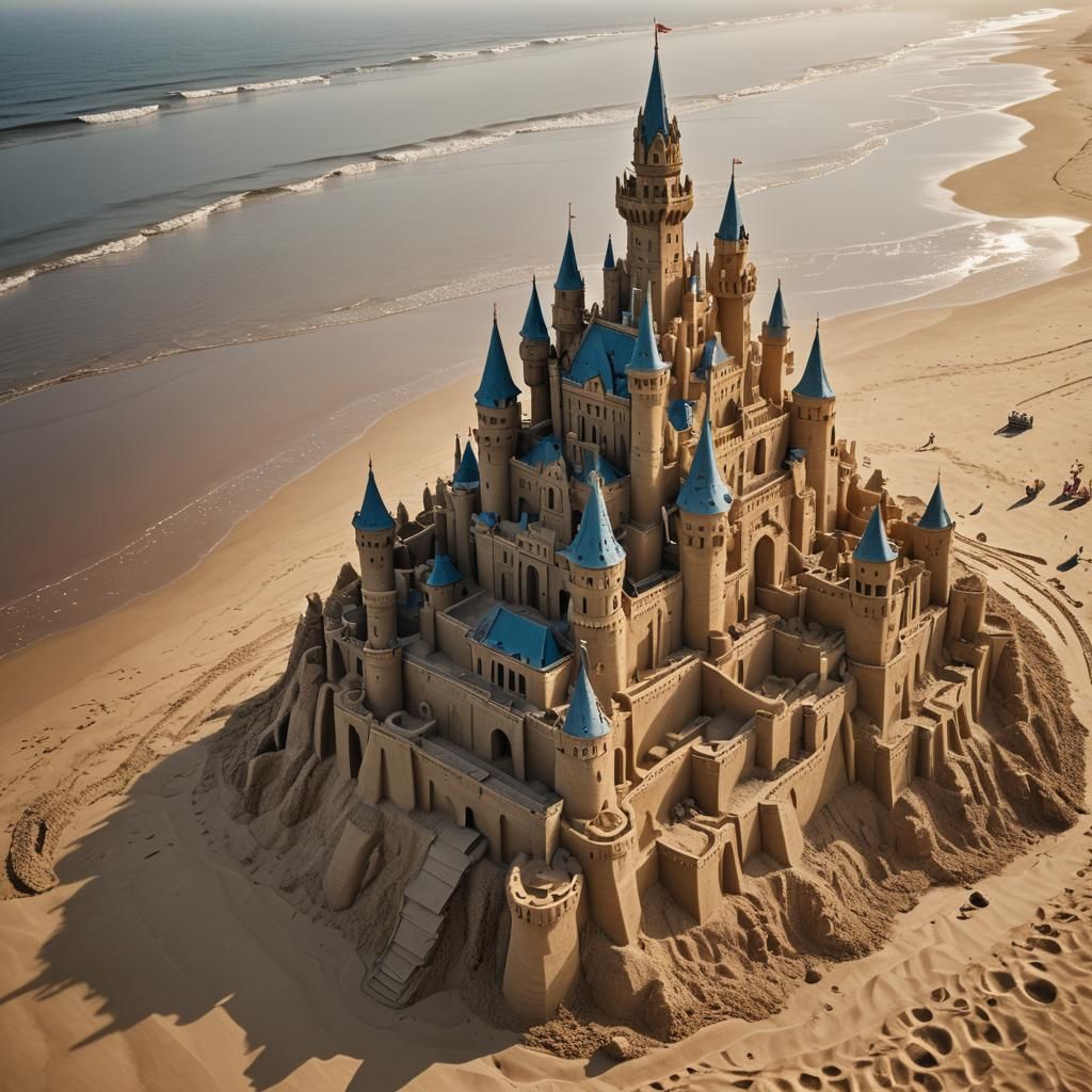Colossal Sandcastle on Deserted Beach in Golden Light