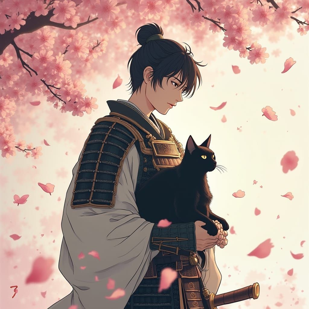 Samurai Amidst Sakura Blossoms in Traditional Armor