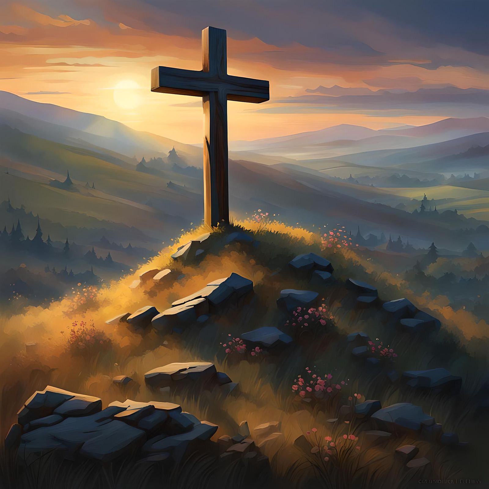 Sunrise Silhouette: Weathered Cross on Hilltop