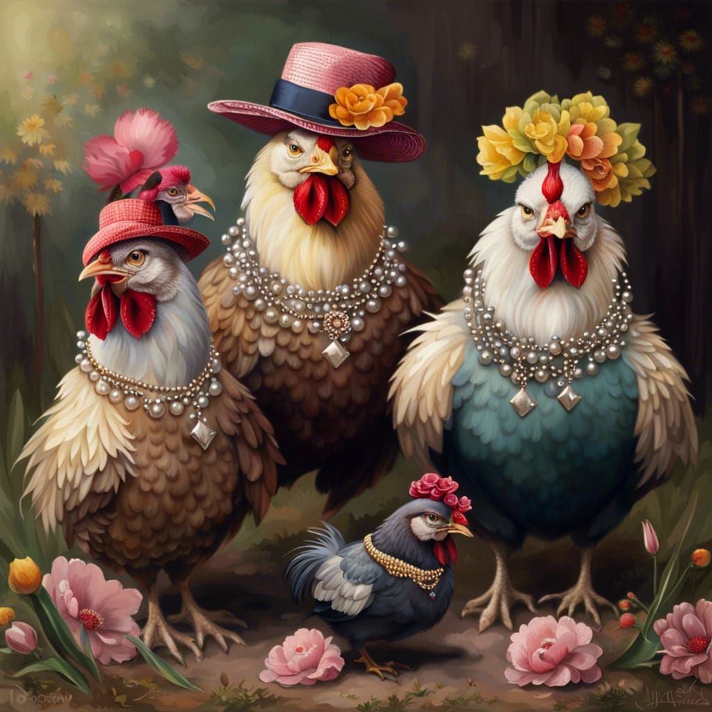 Chickens Wearing Hats and Flowers