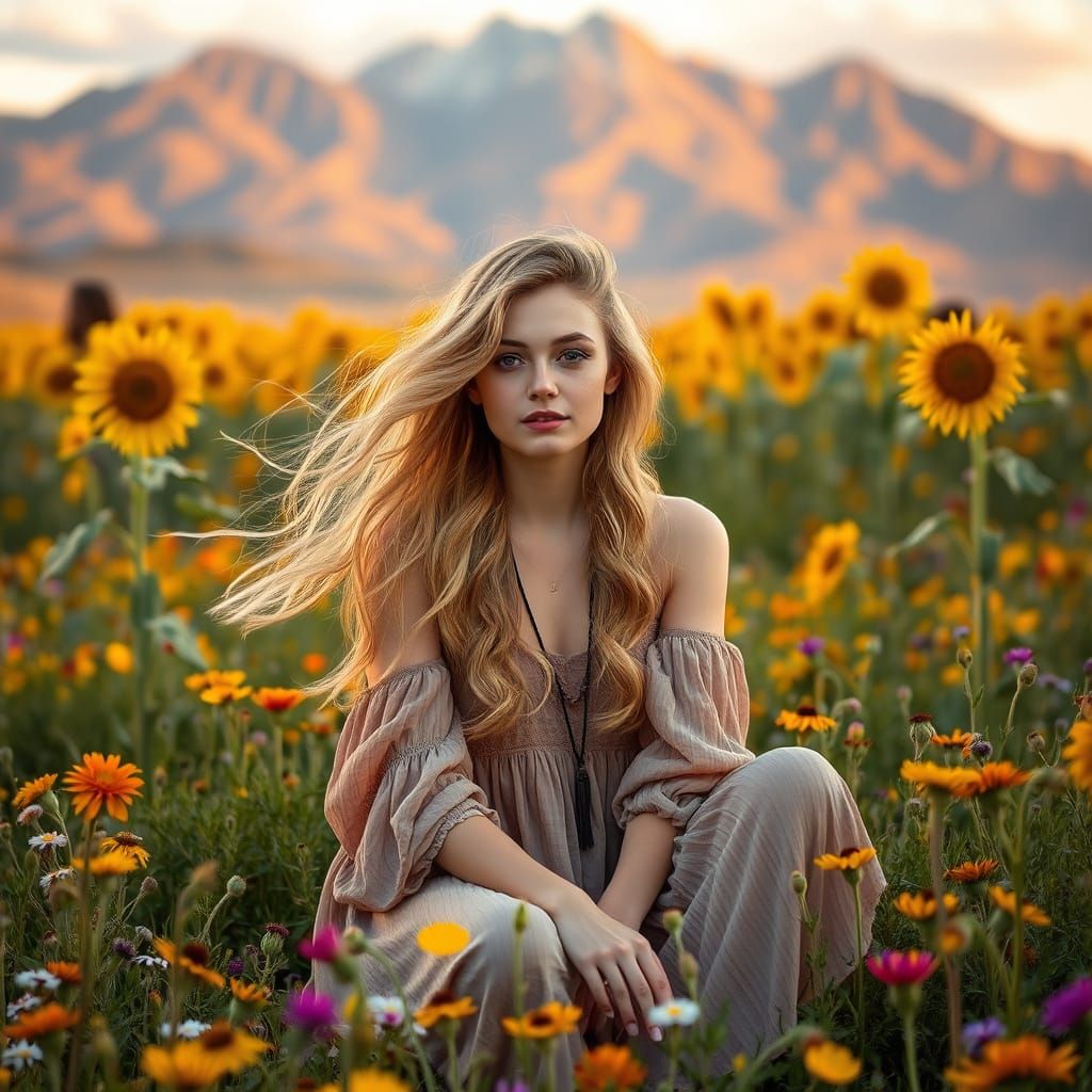 Blonde Model in Flower Field, Golden Hour Portrait