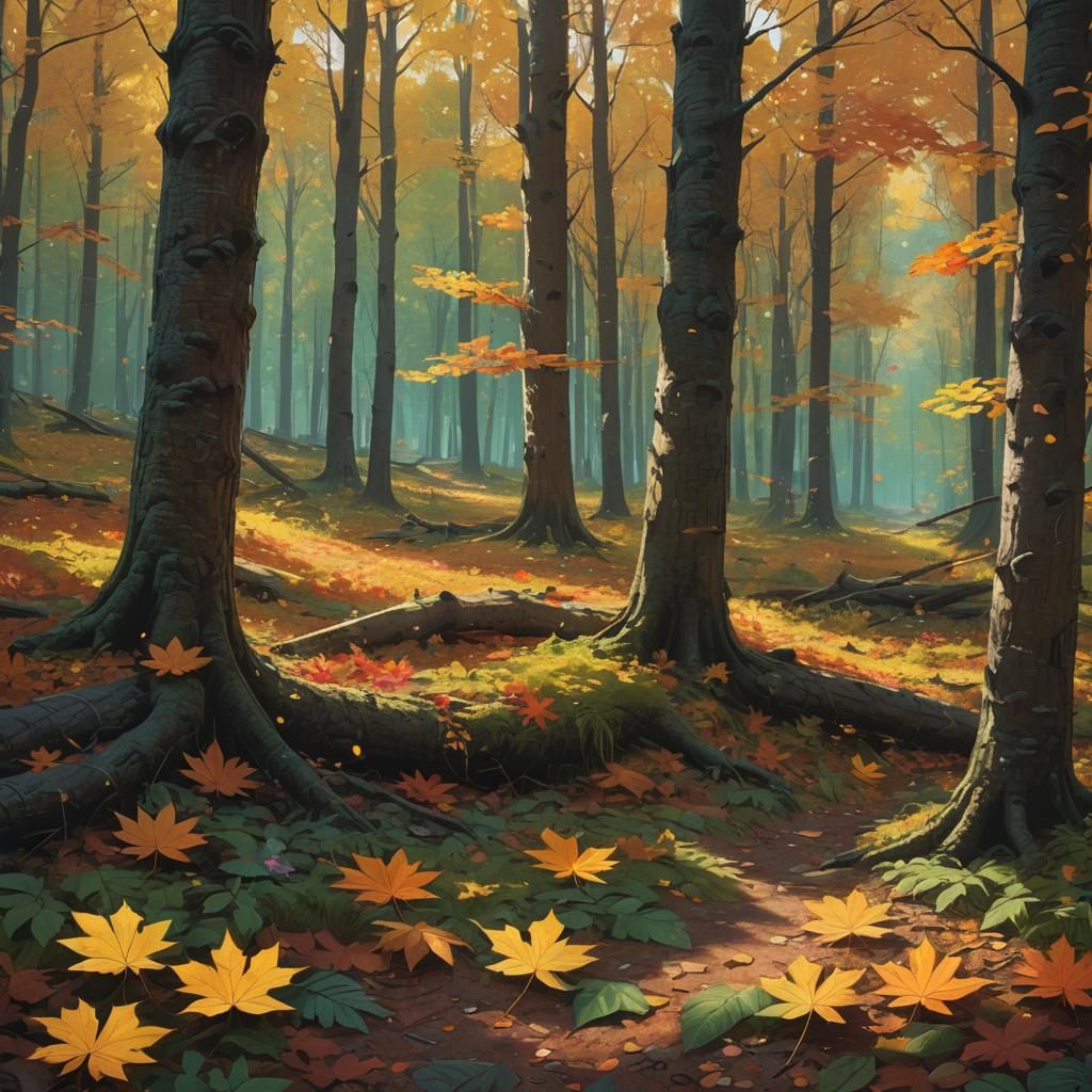 Hyperrealistic Leaves Shelter Wildflowers in Forest