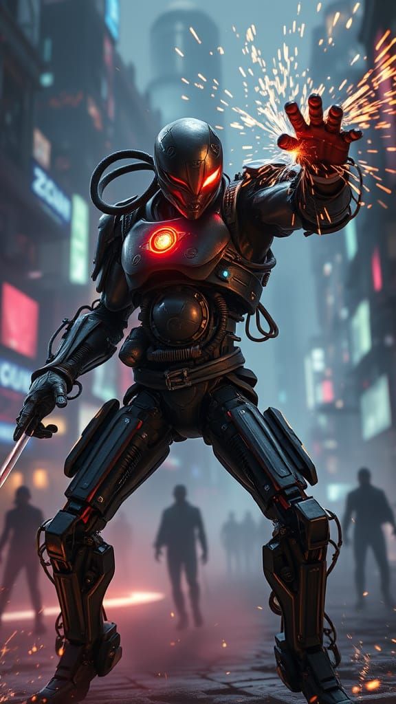 Cyborg Hero in Arcane-Style Combat Scene