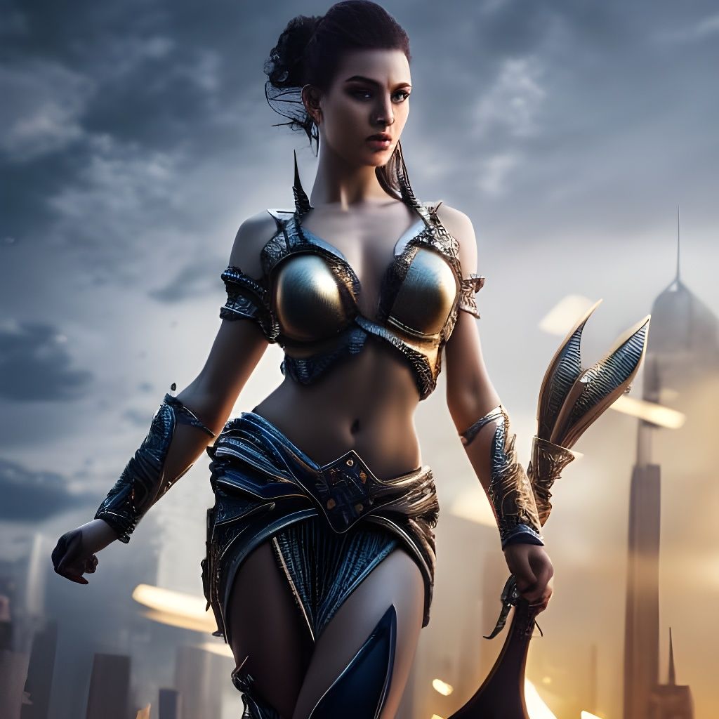 Voluptuous Silver War Goddess with Spear, Hyperrealistic