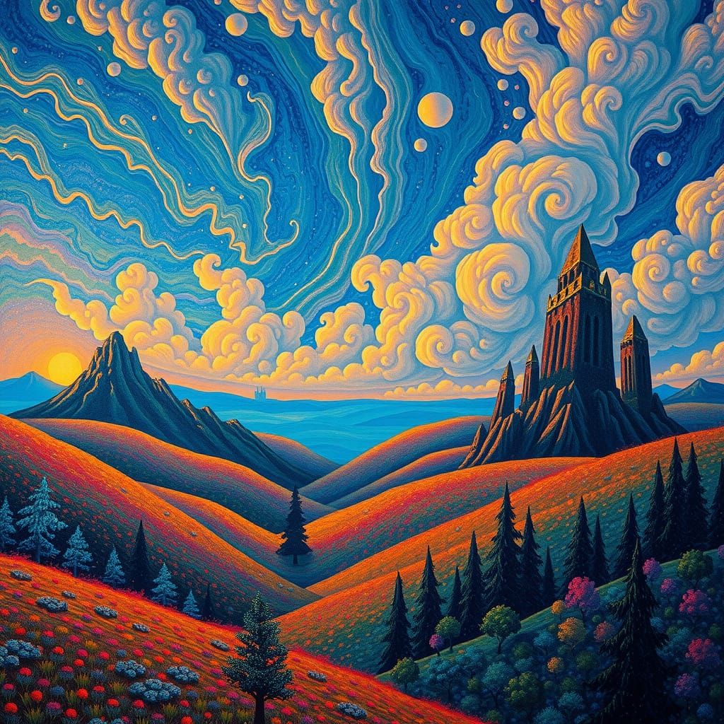 Fantasy World Landscape in Pointillism Style