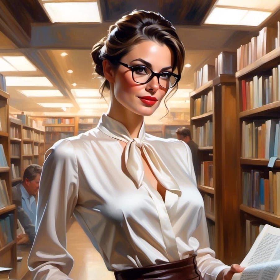Beautiful Woman in Bookstore, Comic Book Art