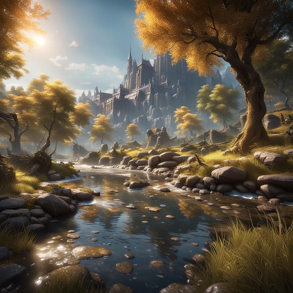 Golden City River at Sunrise in 3D Style