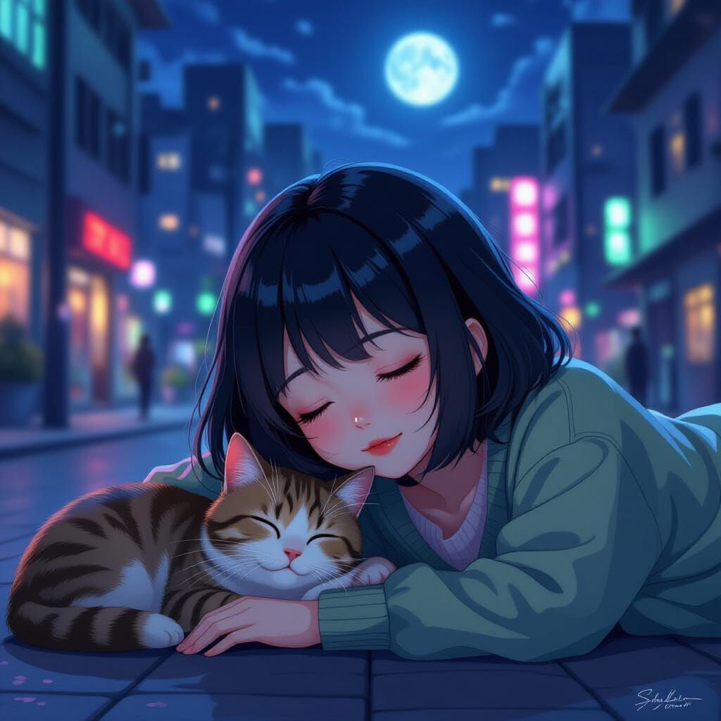 Mystical Anime Girl & Cat Sleeping in Violet Moonlight