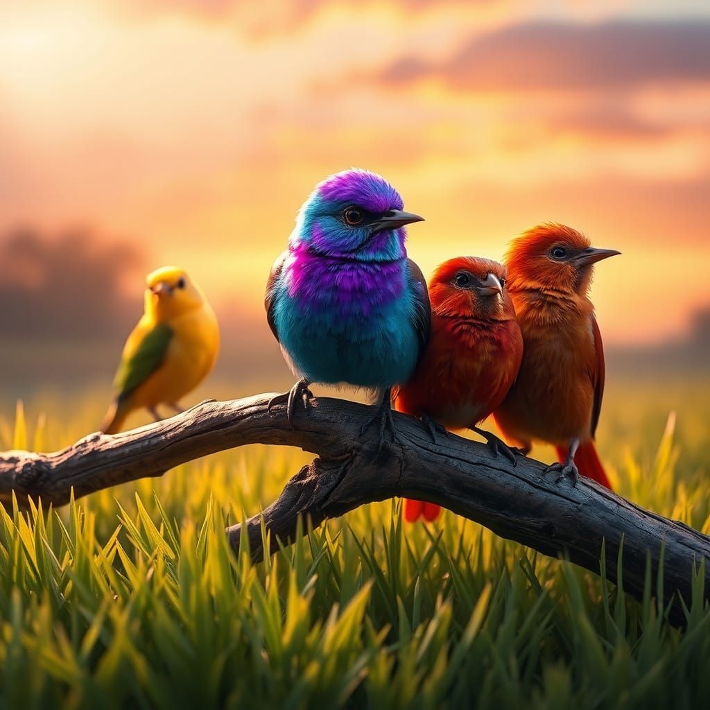 Colorful Birds on Branch in Fantasy Concept Art Style