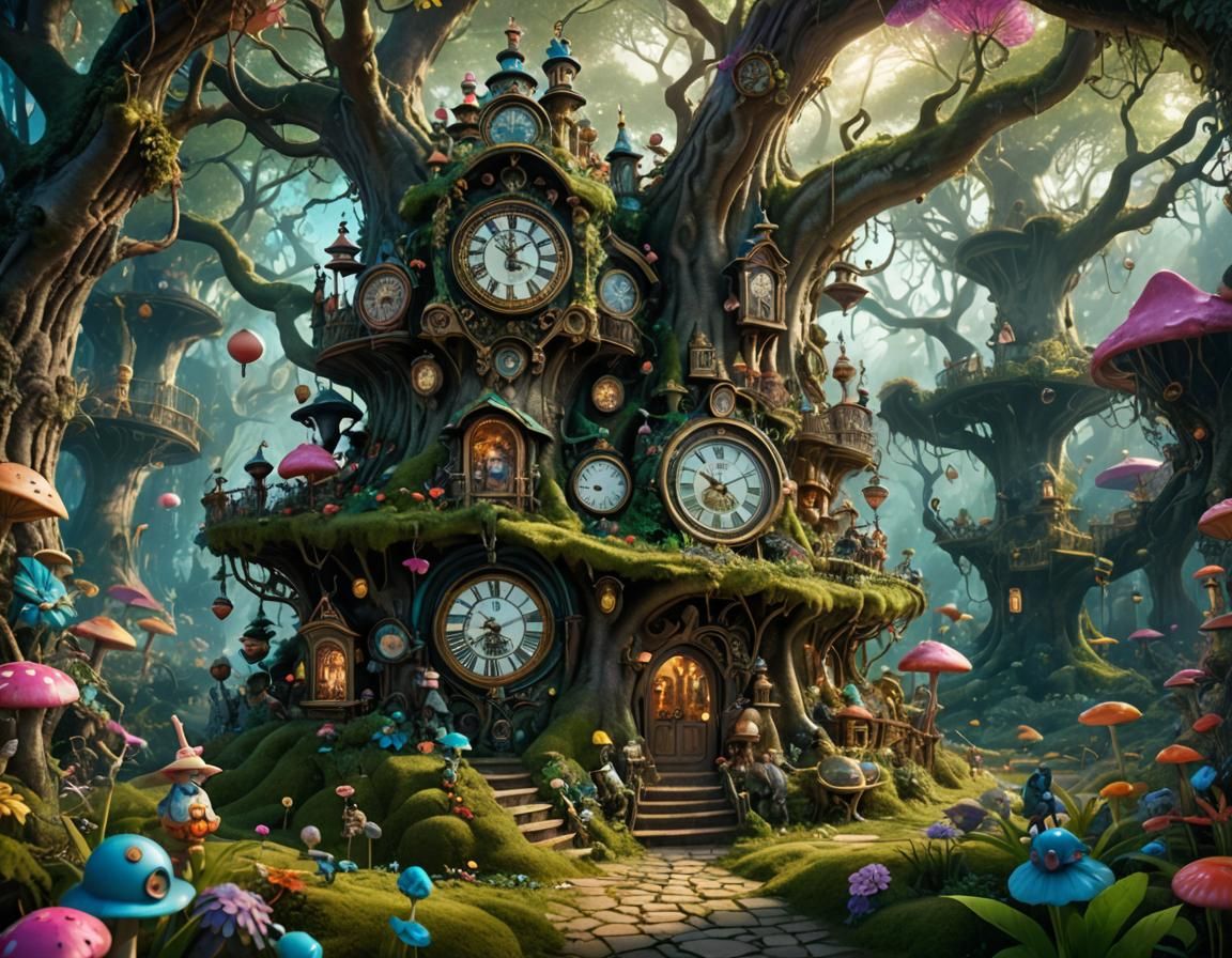 Enchanted Forest with Mad Hatter Cat, Digital Illustration