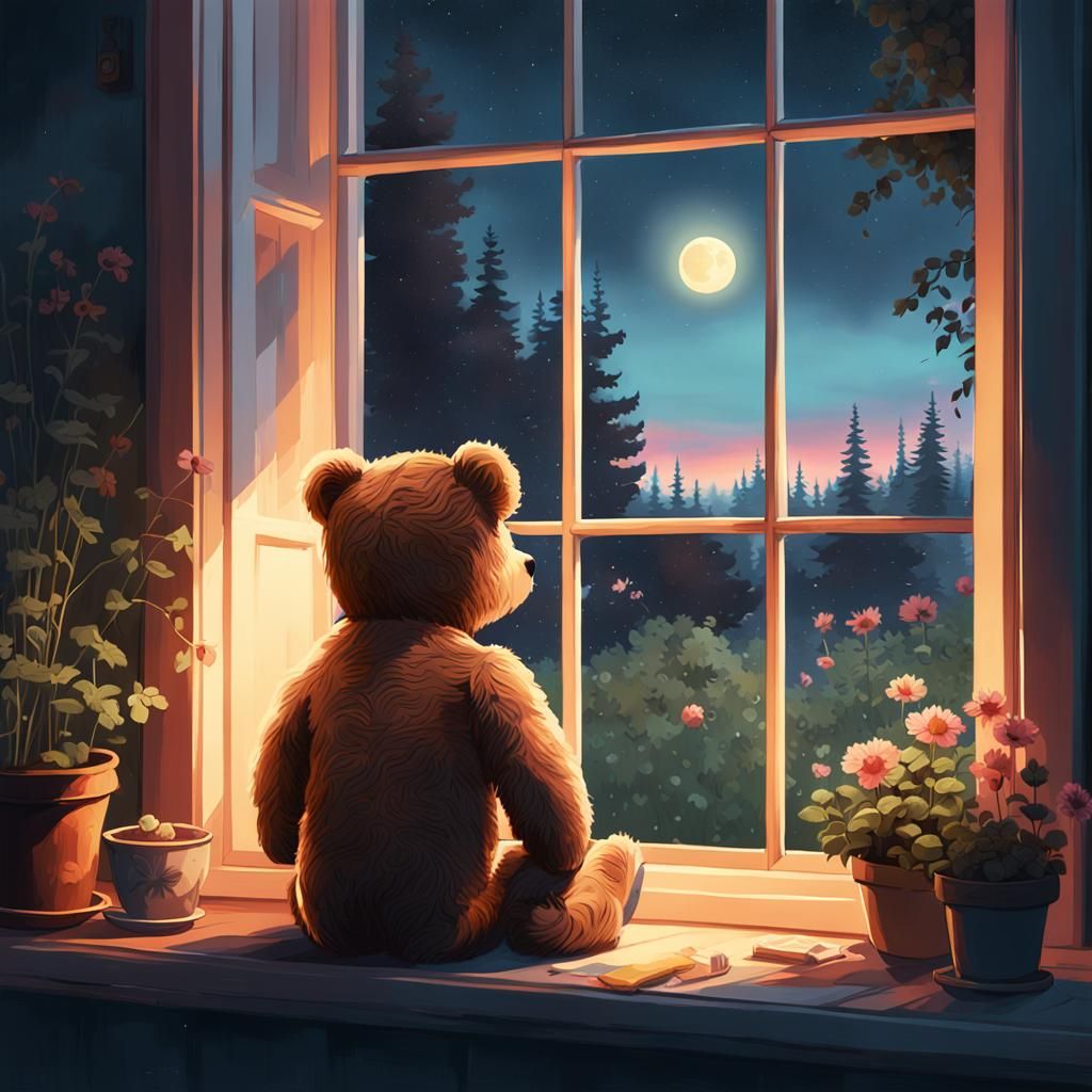 Moonlit Dreams: A Teddy Bear's Quiet Reflection