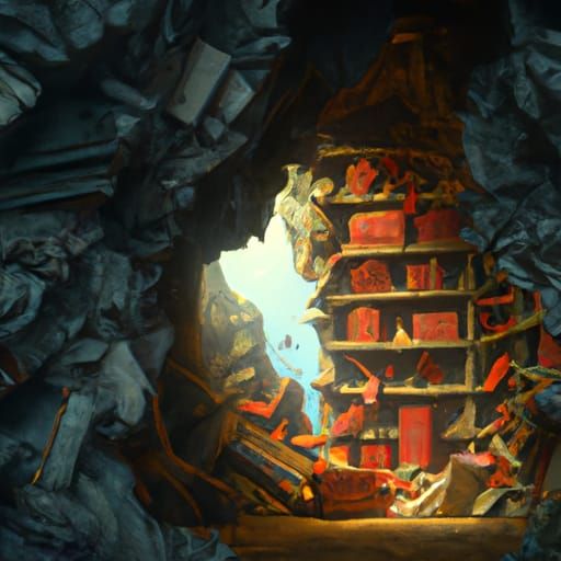 Fantastical Cave Made of Books in Detailed Matte Painting