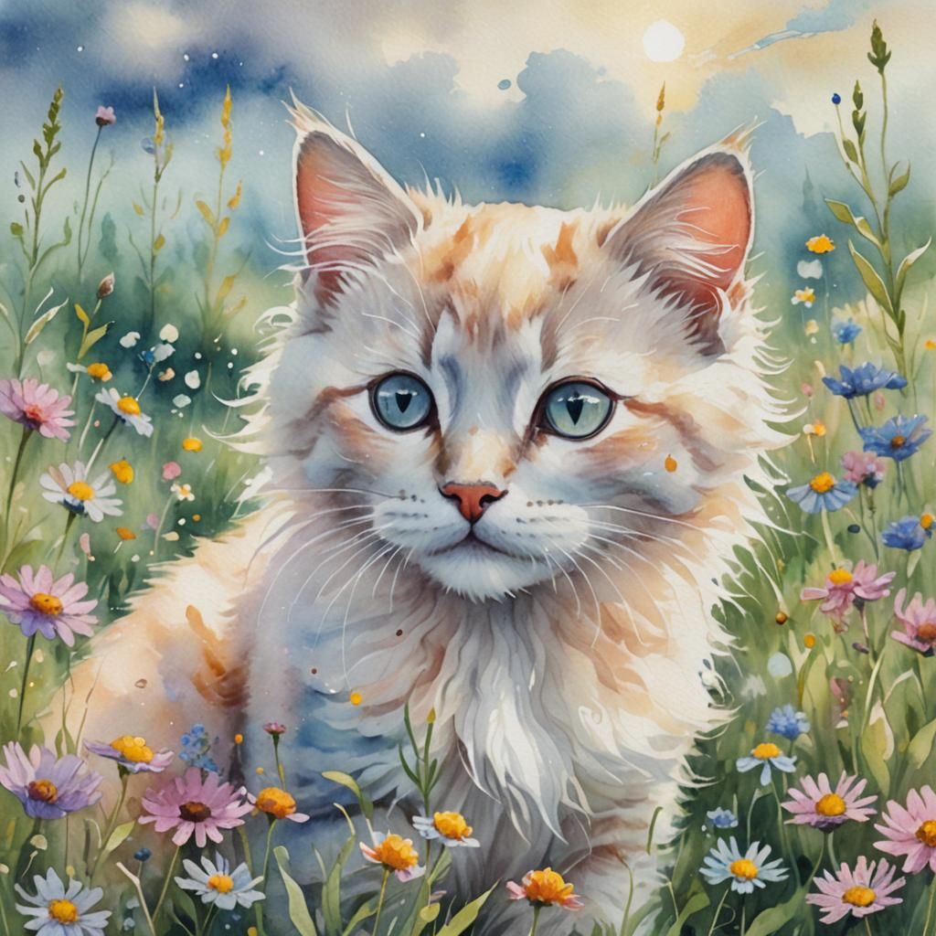 Ethereal Glowing Kitten in Watercolor Meadow