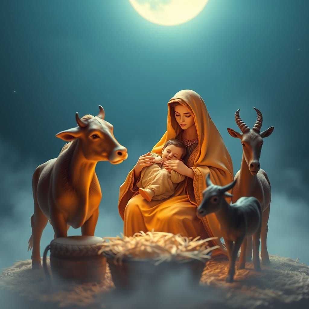 Serene Nativity Scene with Mary, Baby Jesus, and Farm Animal...