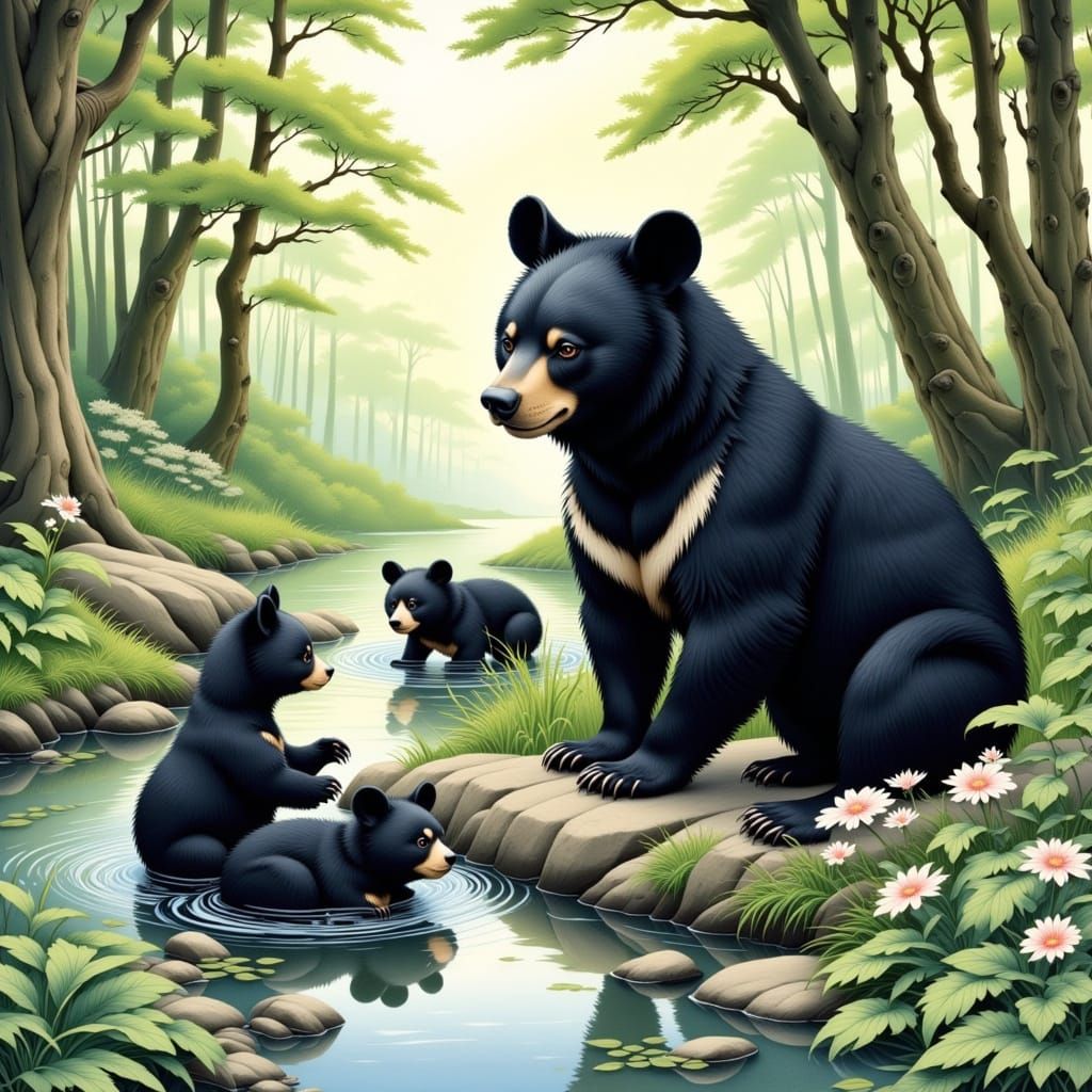 Asian Black Bear Cubs Play by Stream in Watercolors