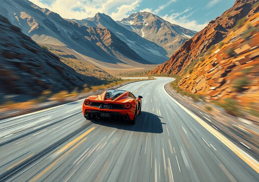 Supercar on Mountain Highway as Oil Painting