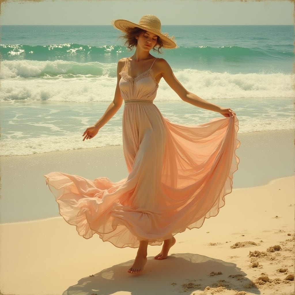 Woman Dancing on Beach in Art Nouveau Style